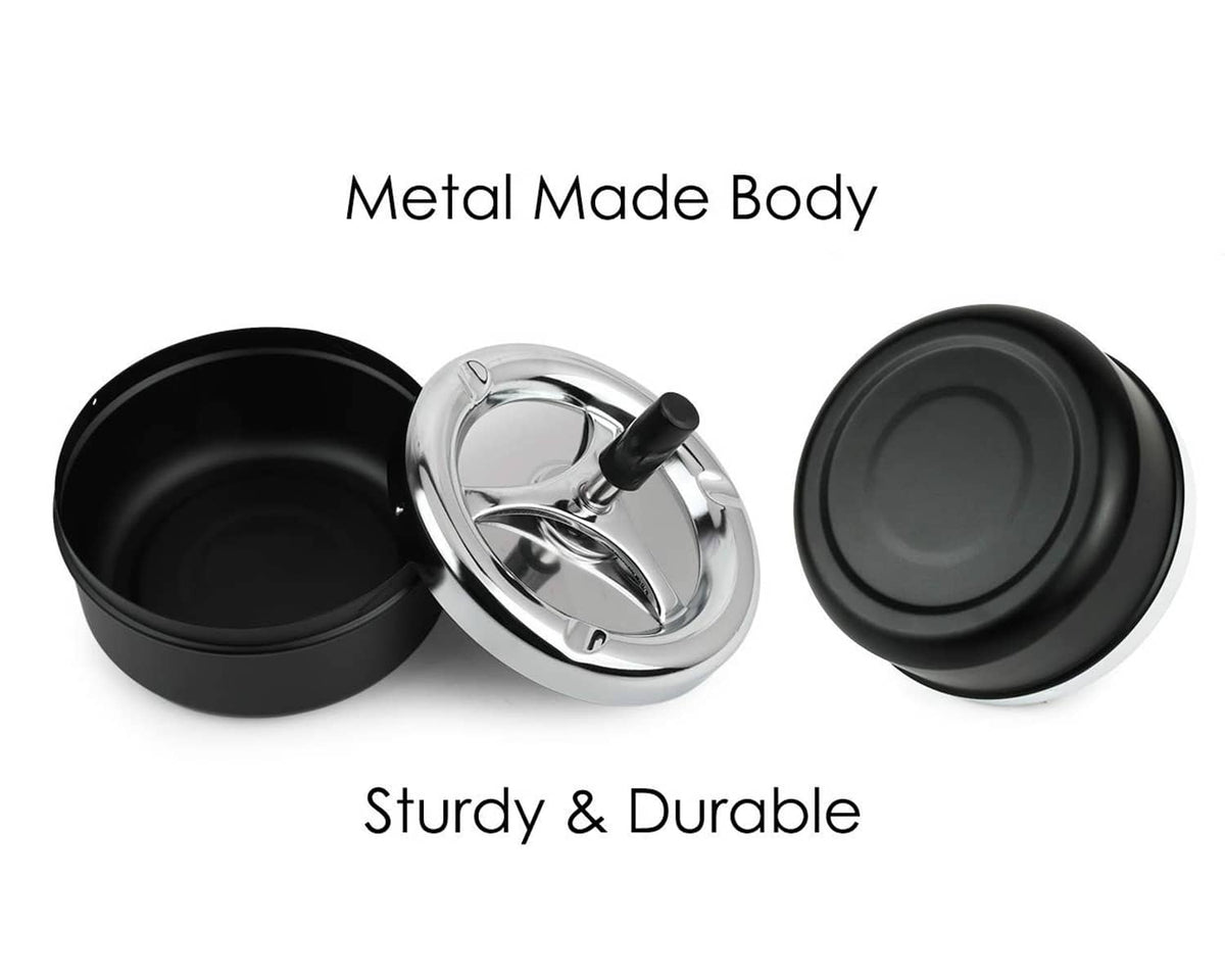 Black ashtray with metal body, flip-open lid, and circular spinning tray insert