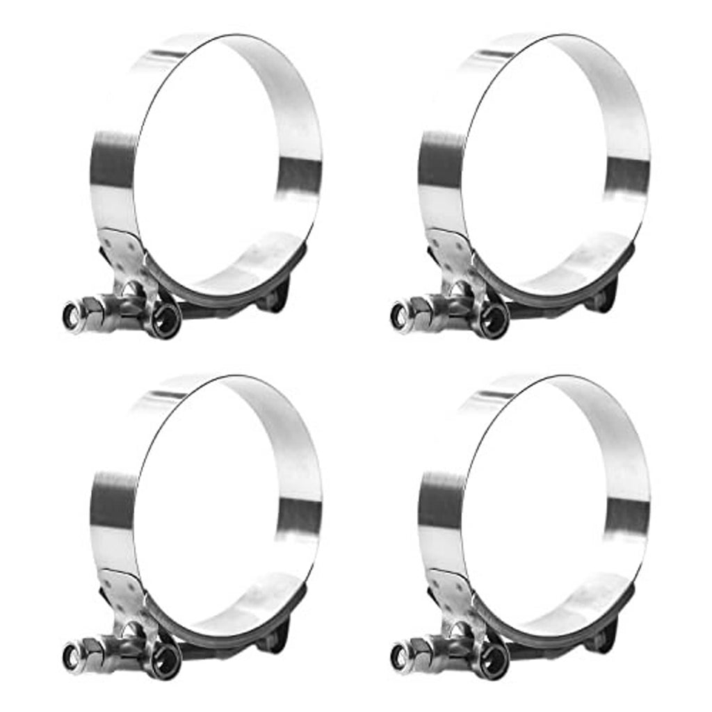 Stainless steel T-bolt hose clamp with black bolt hardware, angled front view