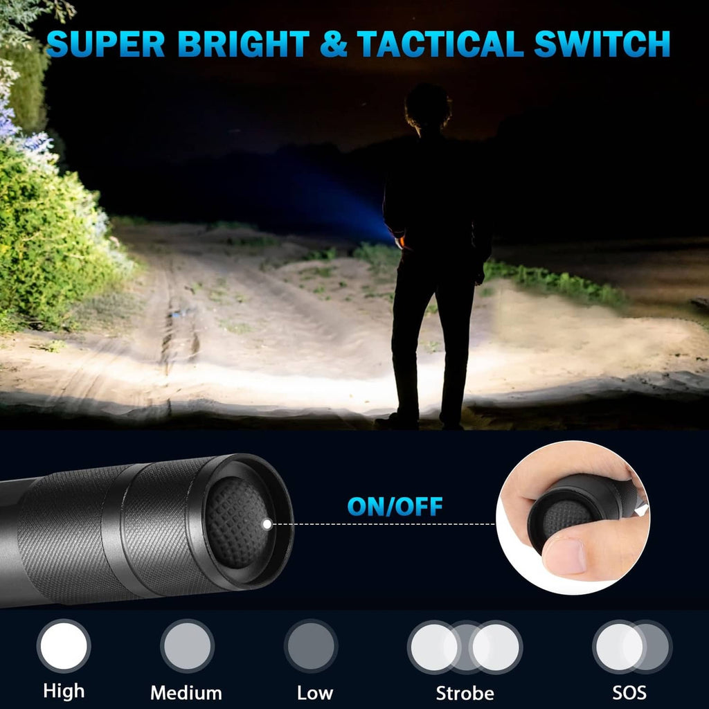 Black LED tactical flashlight with textured bezel and side on/off switch