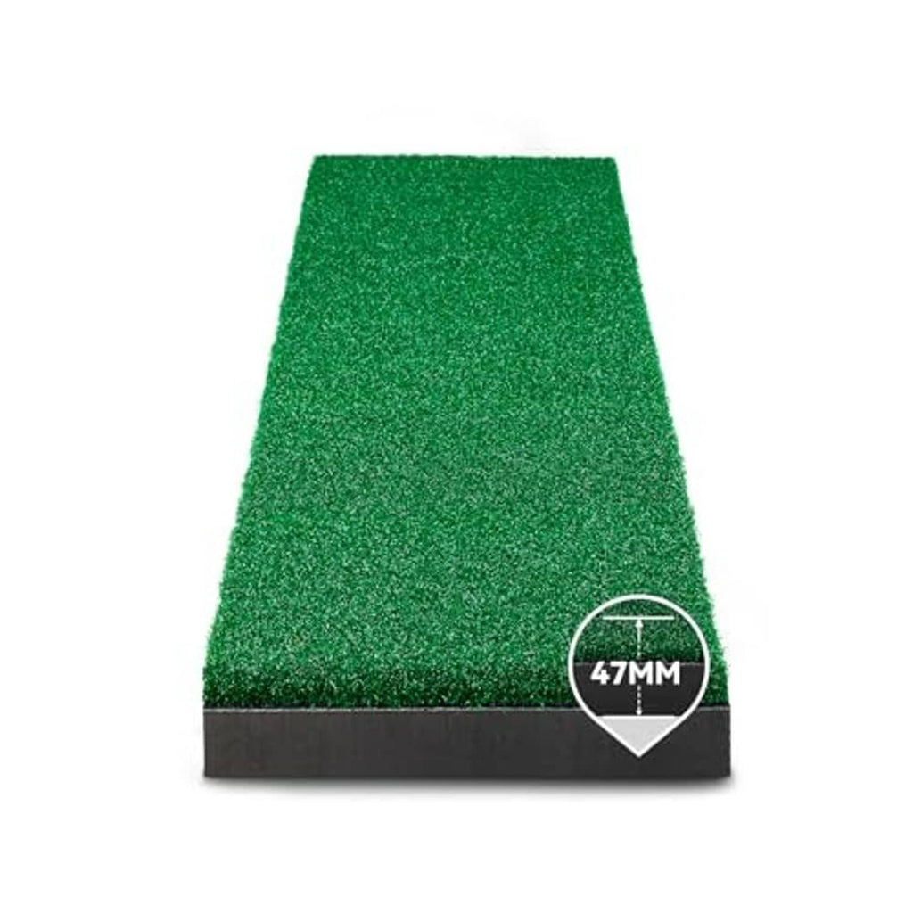 Green golf hitting strip with black base, 47mm thickness view