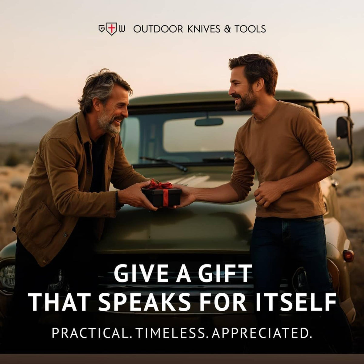 Folding pocket knife gift in a hand, outdoors near a parked vehicle