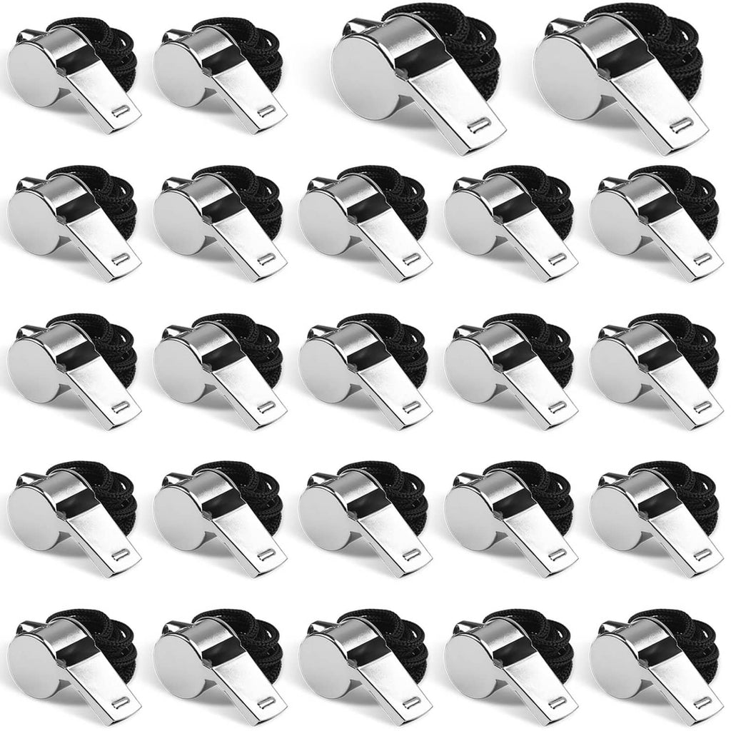 Silver stainless steel whistle with black lanyard, 24-pack set