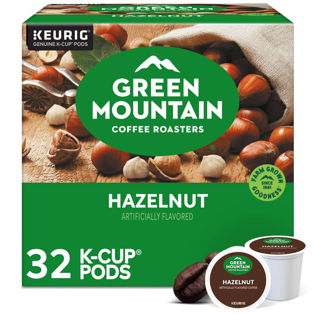 Green Mountain Hazelnut 32-count K-Cup pod box with pod cup