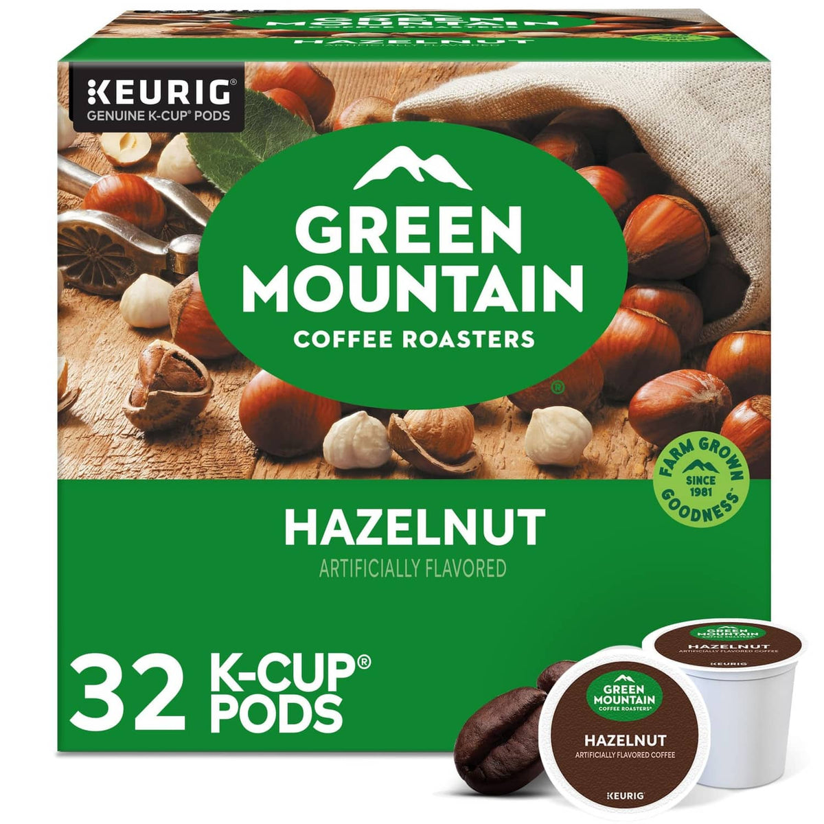 Green Mountain Hazelnut 32-count K-Cup pod box with pod cup