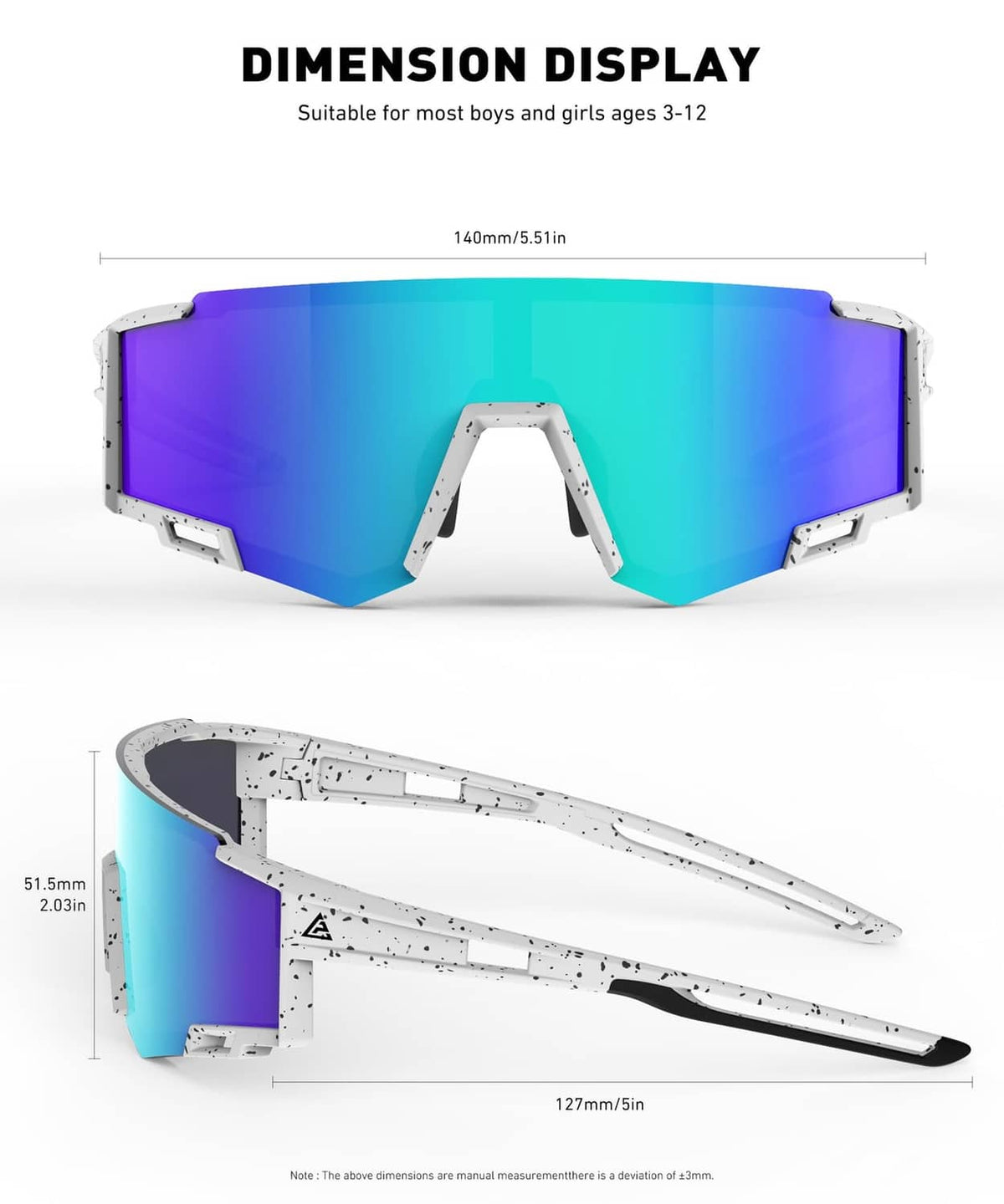 Kids sunglasses with wide blue gradient mirrored lens and speckled white frame
