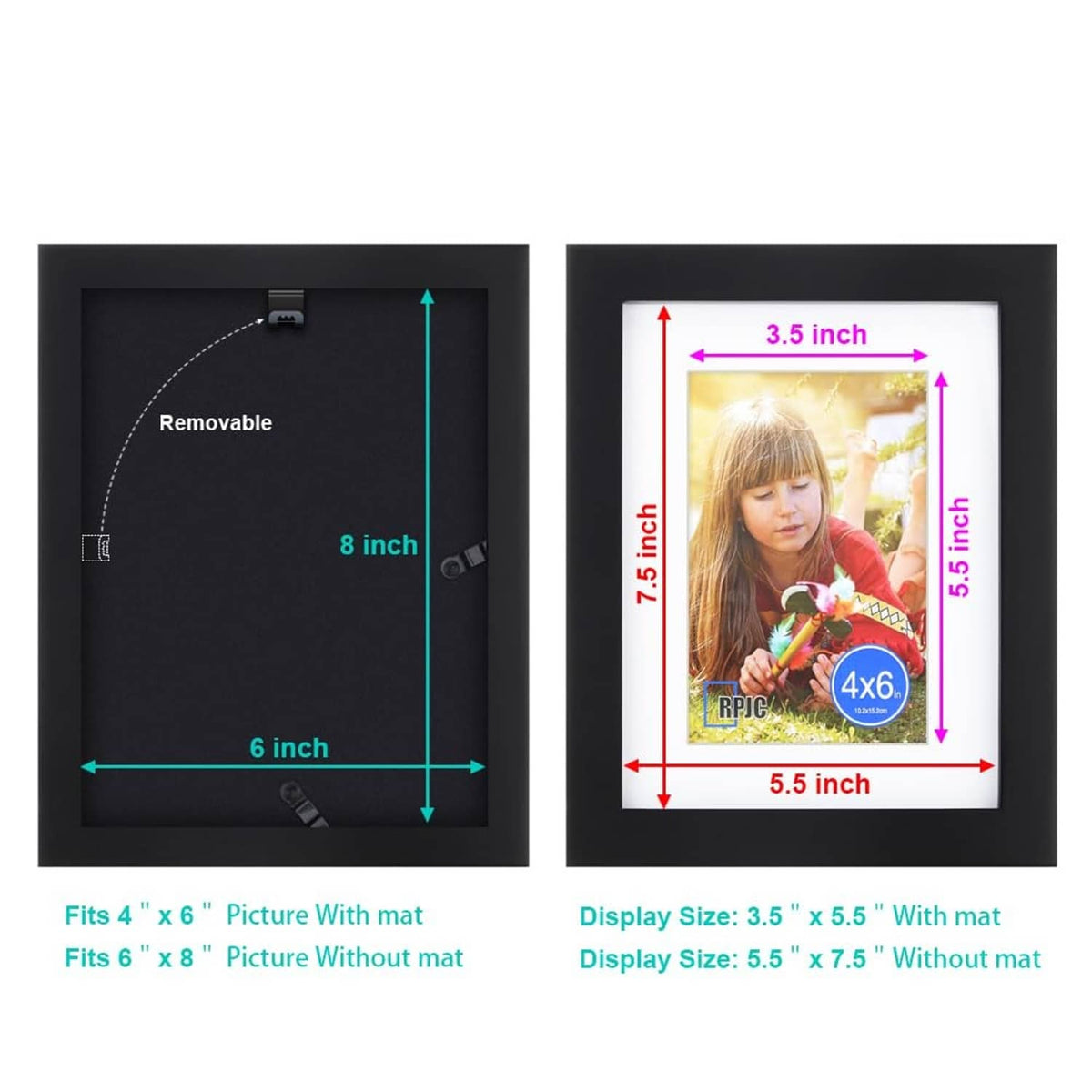 Black picture frame front and back views with removable mounting hardware