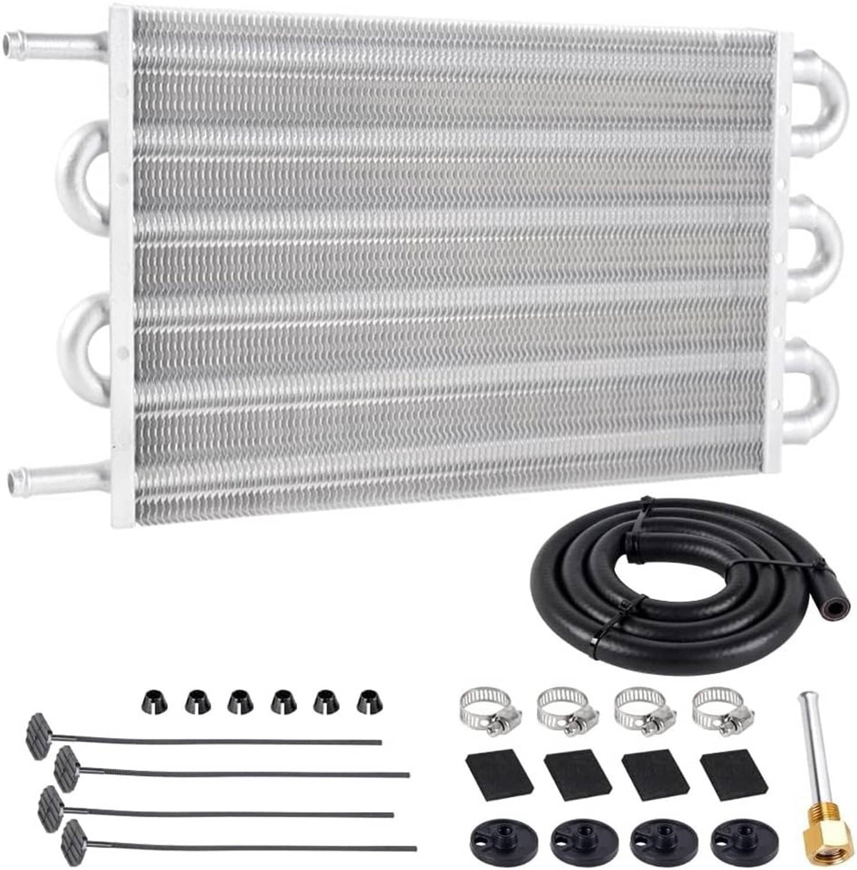 Aluminum oil cooler radiator converter kit with heat exchanger, hoses, and mounting parts