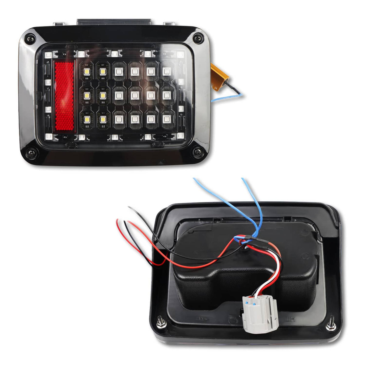 LED taillight circuit module with wiring and rear connector plug, close-up view
