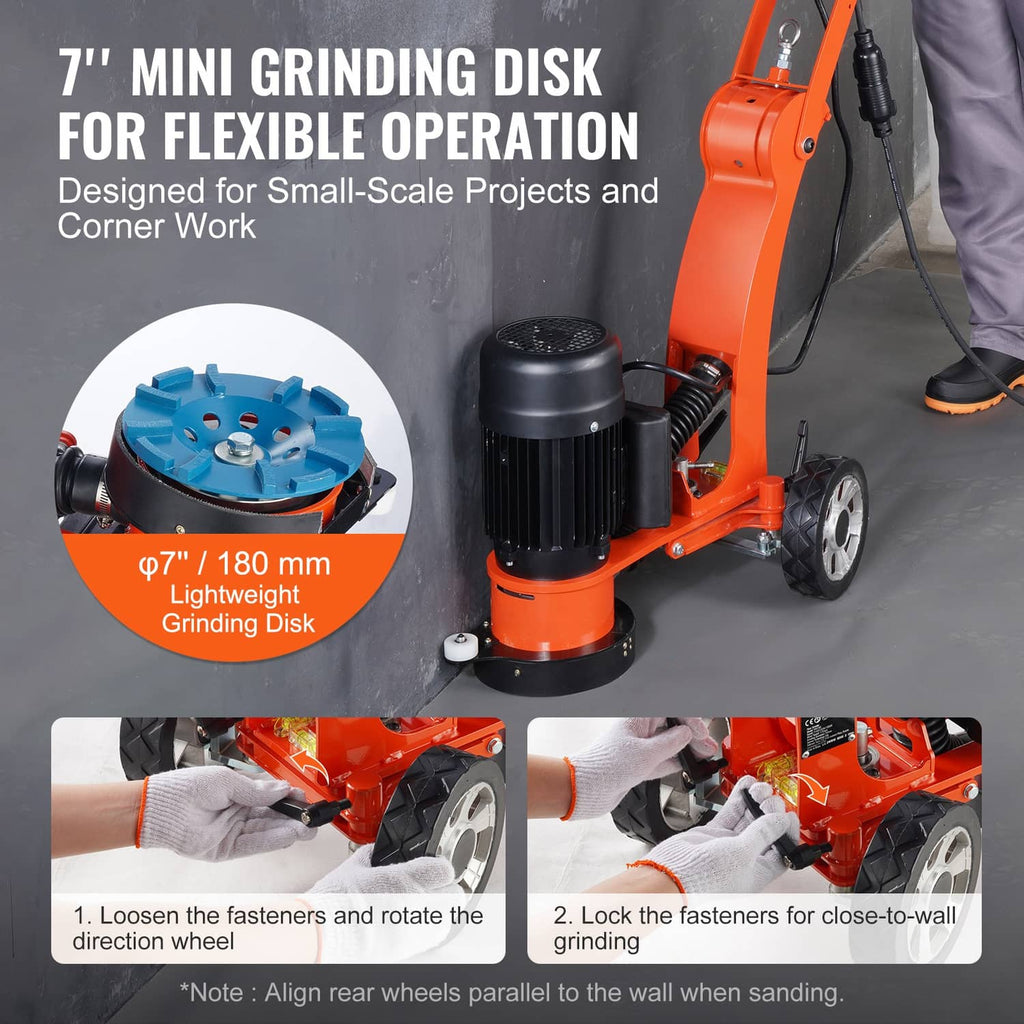 Orange compact walk-behind concrete grinder with 7-inch blue grinding disk