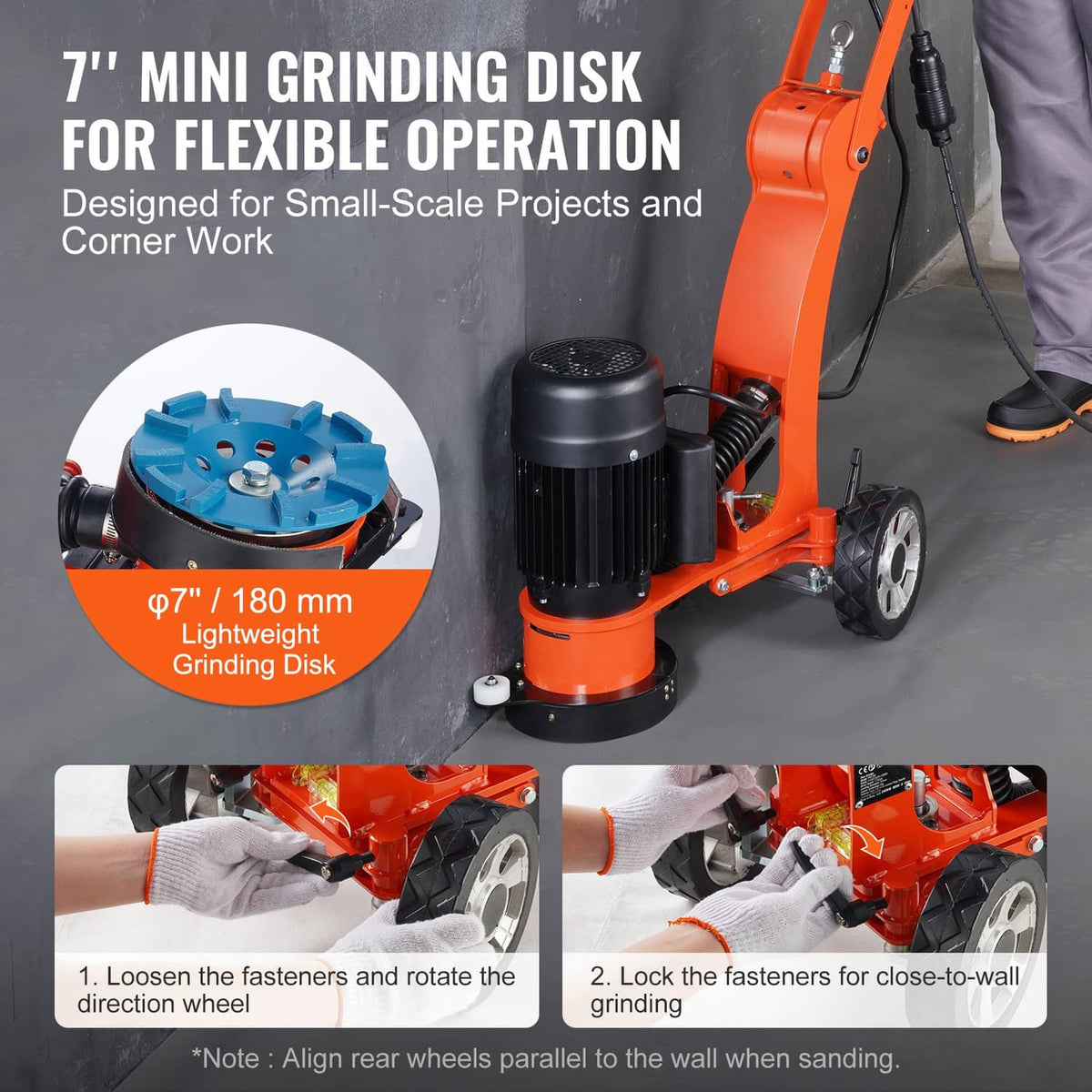 Orange compact walk-behind concrete grinder with 7-inch blue grinding disk