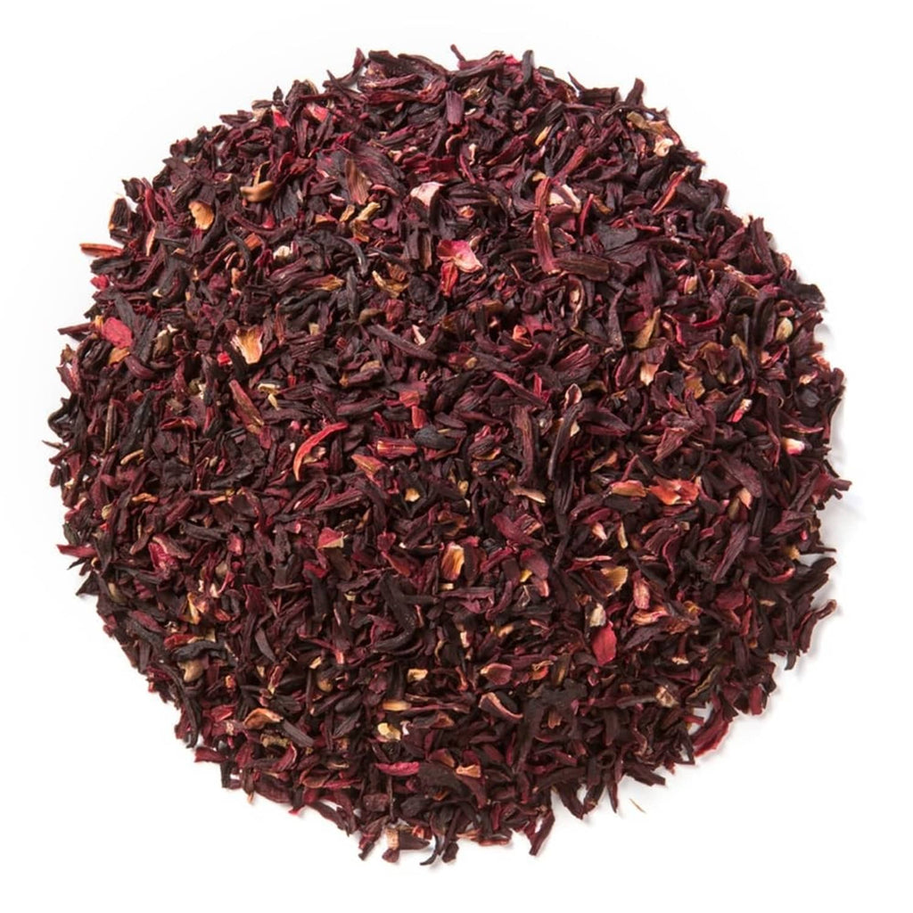Loose hibiscus flowers (cut & sift) tea, dark red petals in a pile