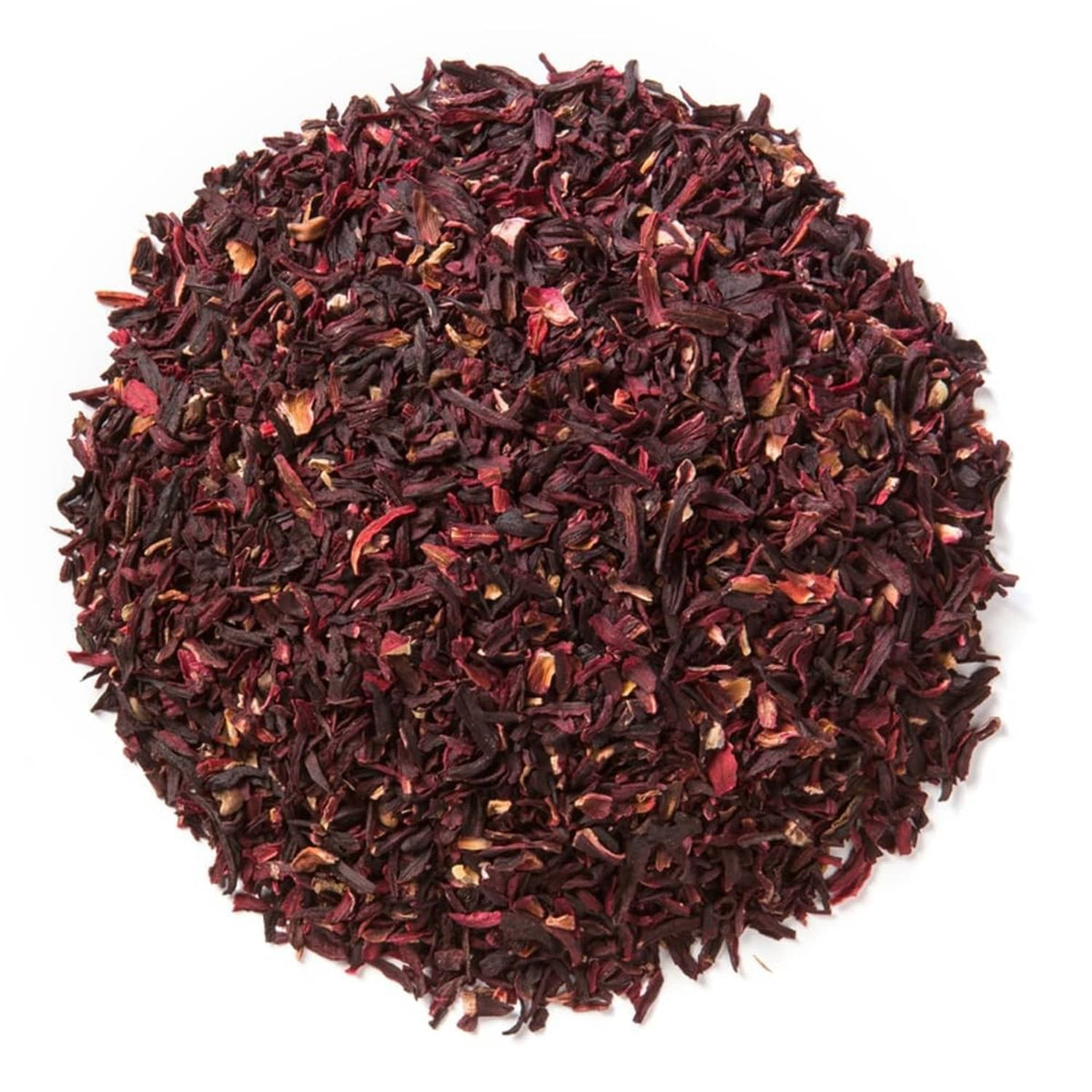 Loose hibiscus flowers (cut & sift) tea, dark red petals in a pile