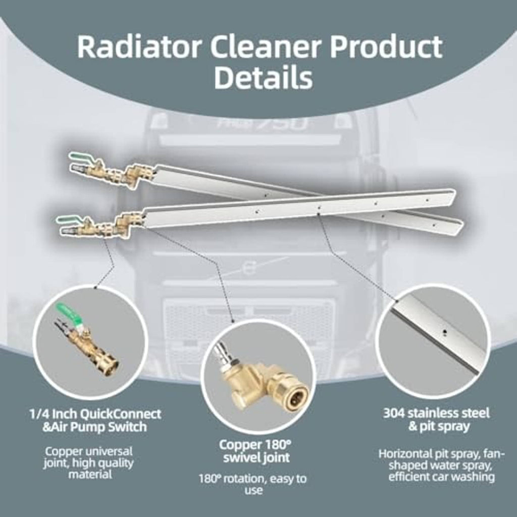 Radiator cleaner details: dual wands, 1/4 quick-connect and brass swivel joint
