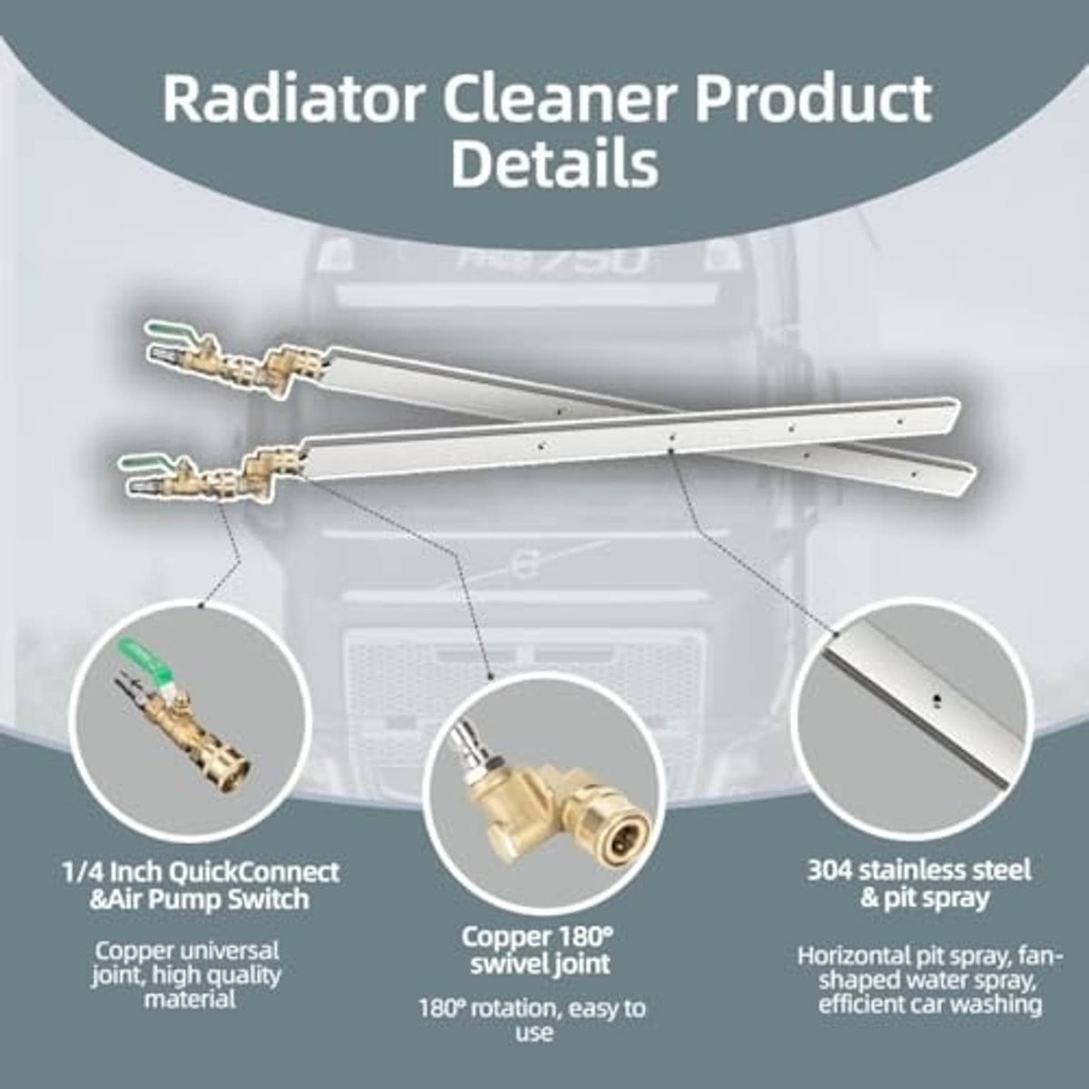 Radiator cleaner details: dual wands, 1/4 quick-connect and brass swivel joint