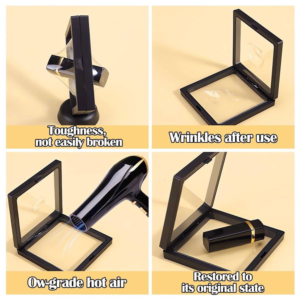 Black clear display case shown flexible and wrinkle-free after use, with open lid