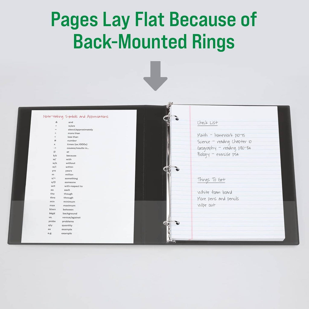 Economy view binder laid flat with back-mounted rings for easy full-page viewing