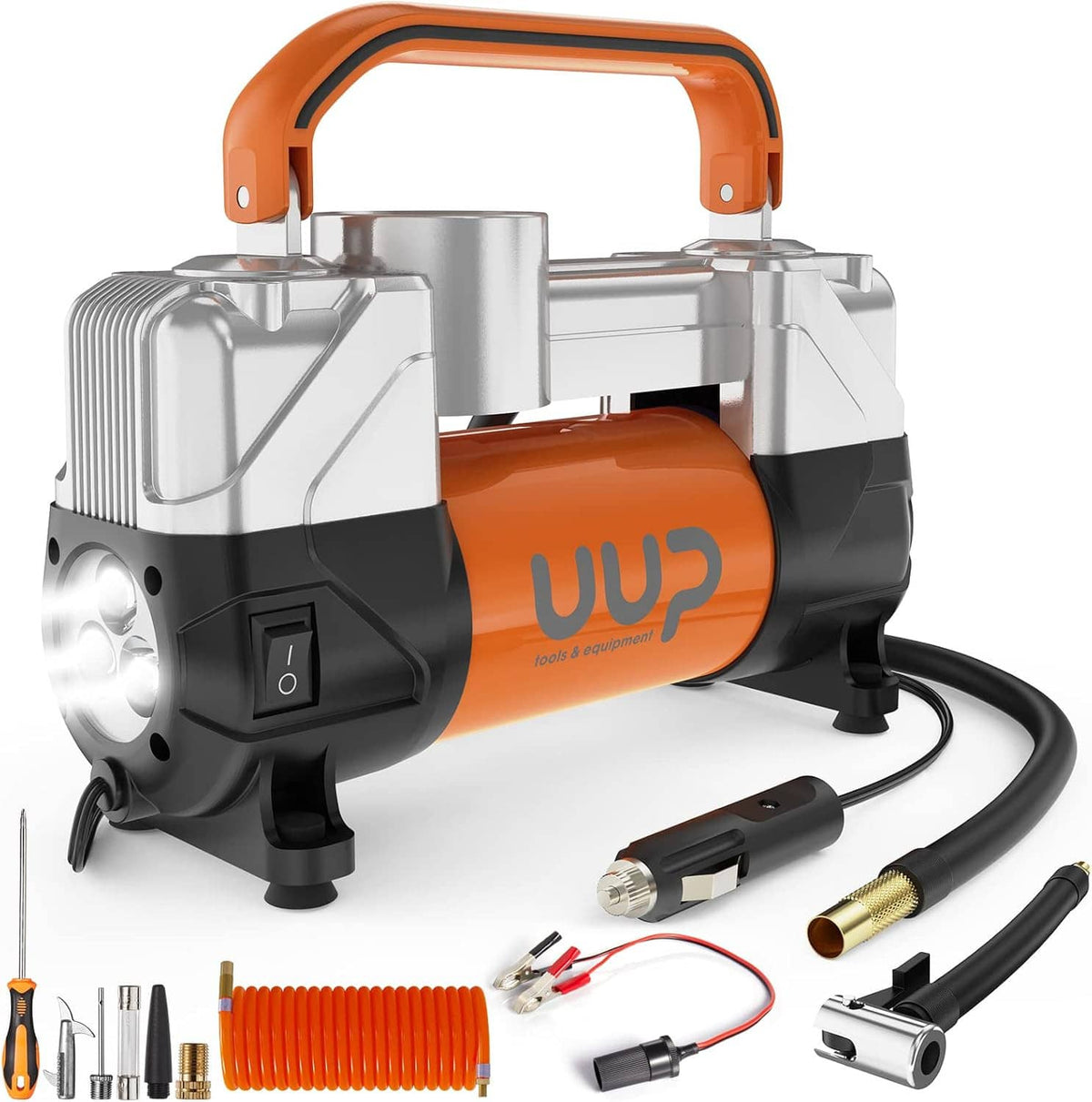 12V portable air compressor inflator with power switch and connected hoses
