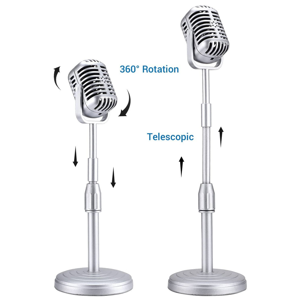 Silver vintage desktop microphone with telescopic adjustable stem and round weighted base