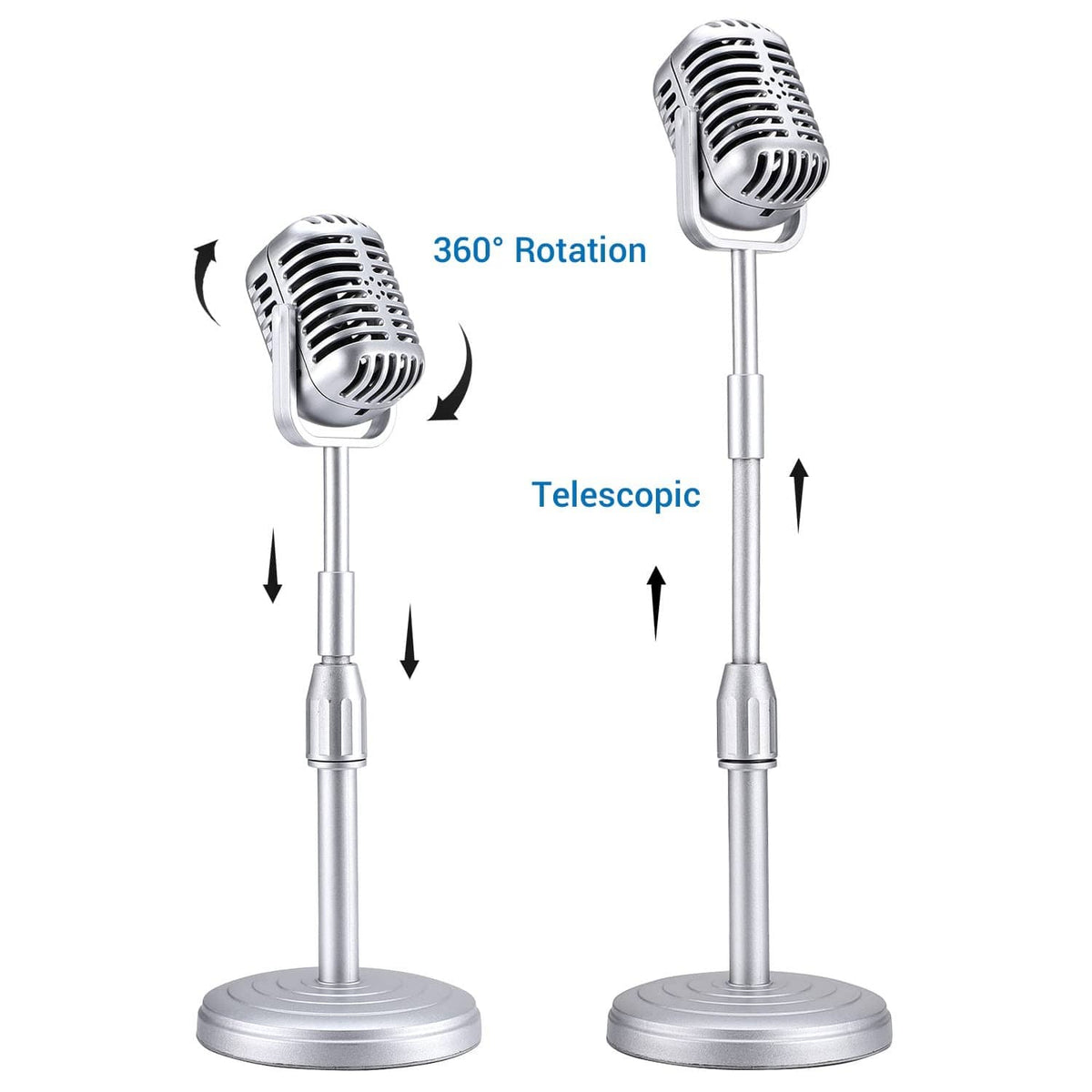 Silver vintage desktop microphone with telescopic adjustable stem and round weighted base