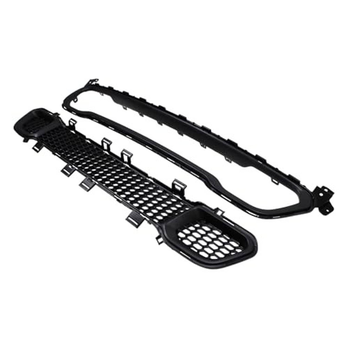 Black front grille and trim set with honeycomb mesh panels and frame