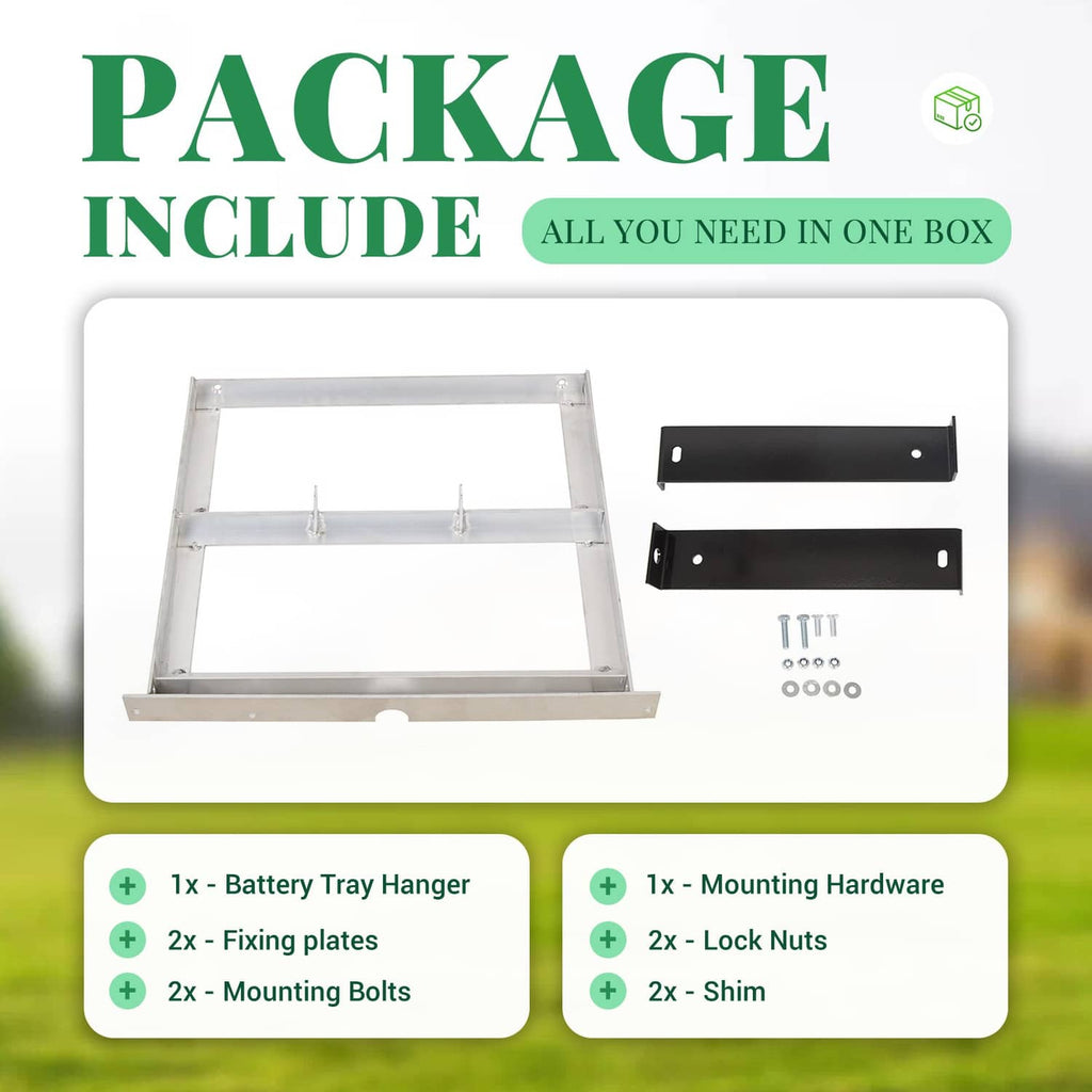 Aluminum 36V battery tray kit: tray hanger, mounting plates, bolts, and lock nuts
