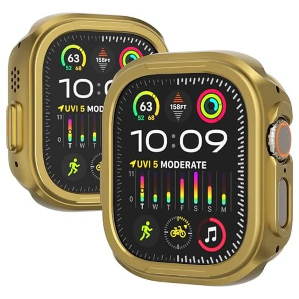 Gold metal watch case with black band, front close-up of Apple Watch Ultra 49mm.