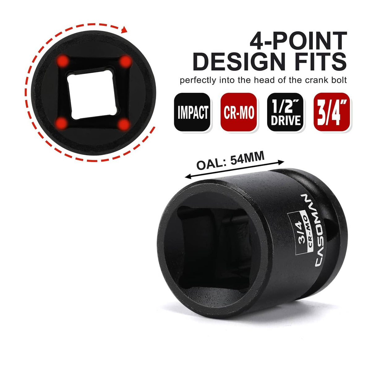 Black 3/4 in 4-point impact socket, 1/2 in drive, embossed markings visible