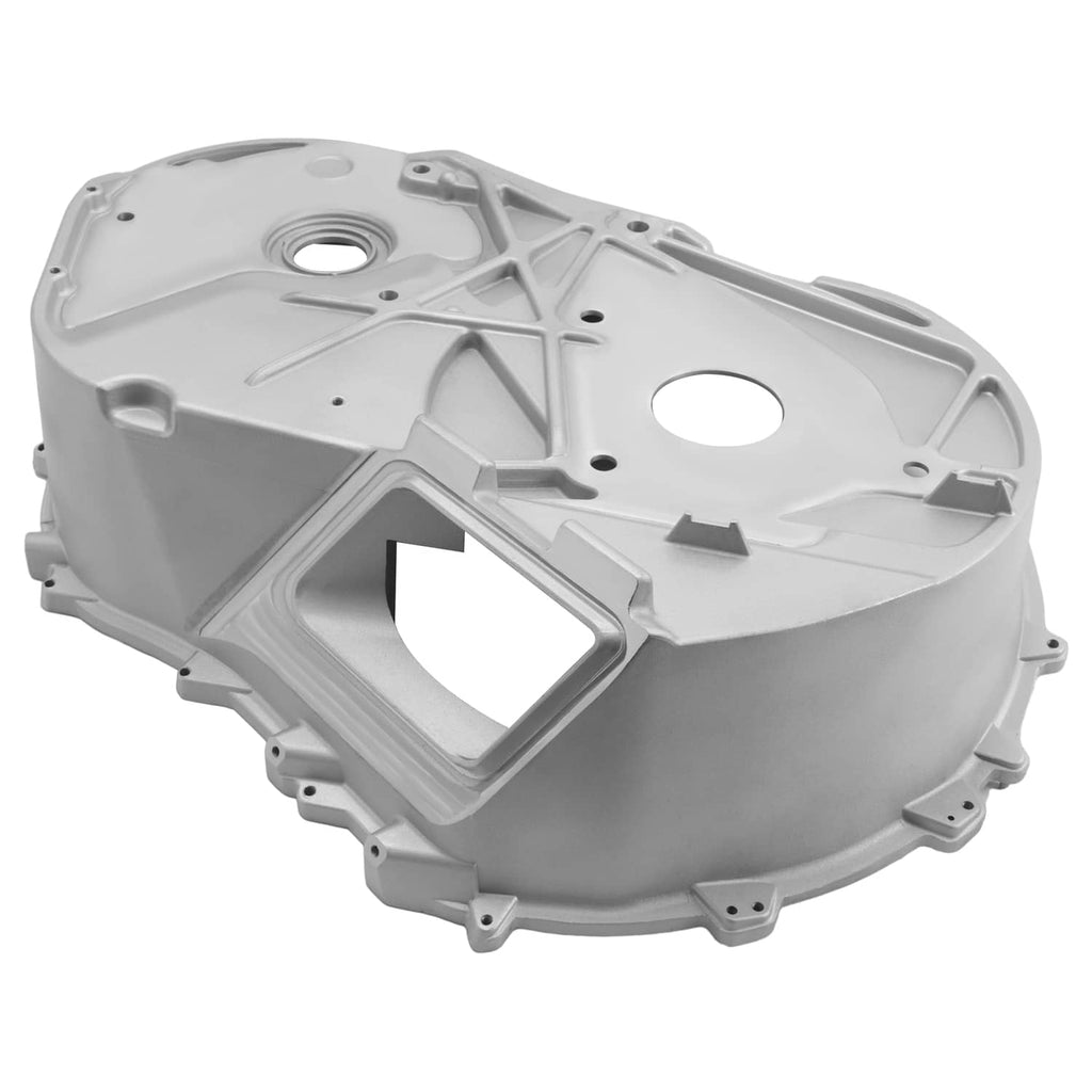 Aluminum inner clutch cover with large rectangular cutout and circular port, light gray