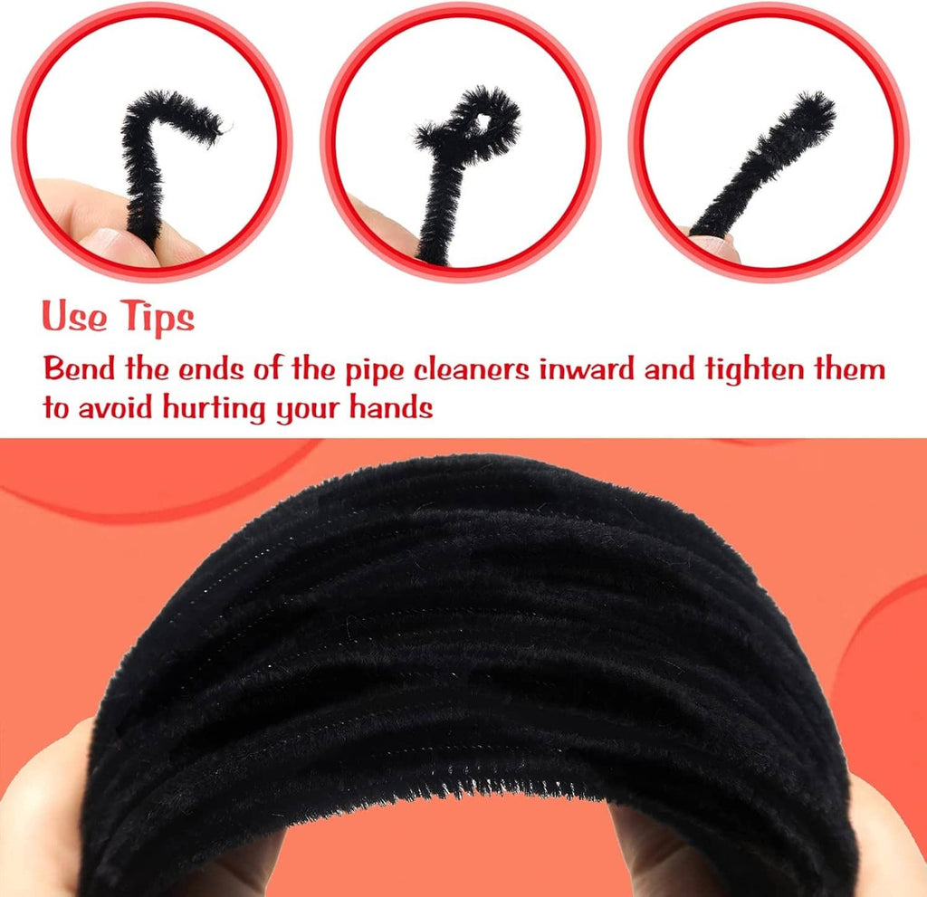Black chenille pipe cleaner bend close-up held between fingertips