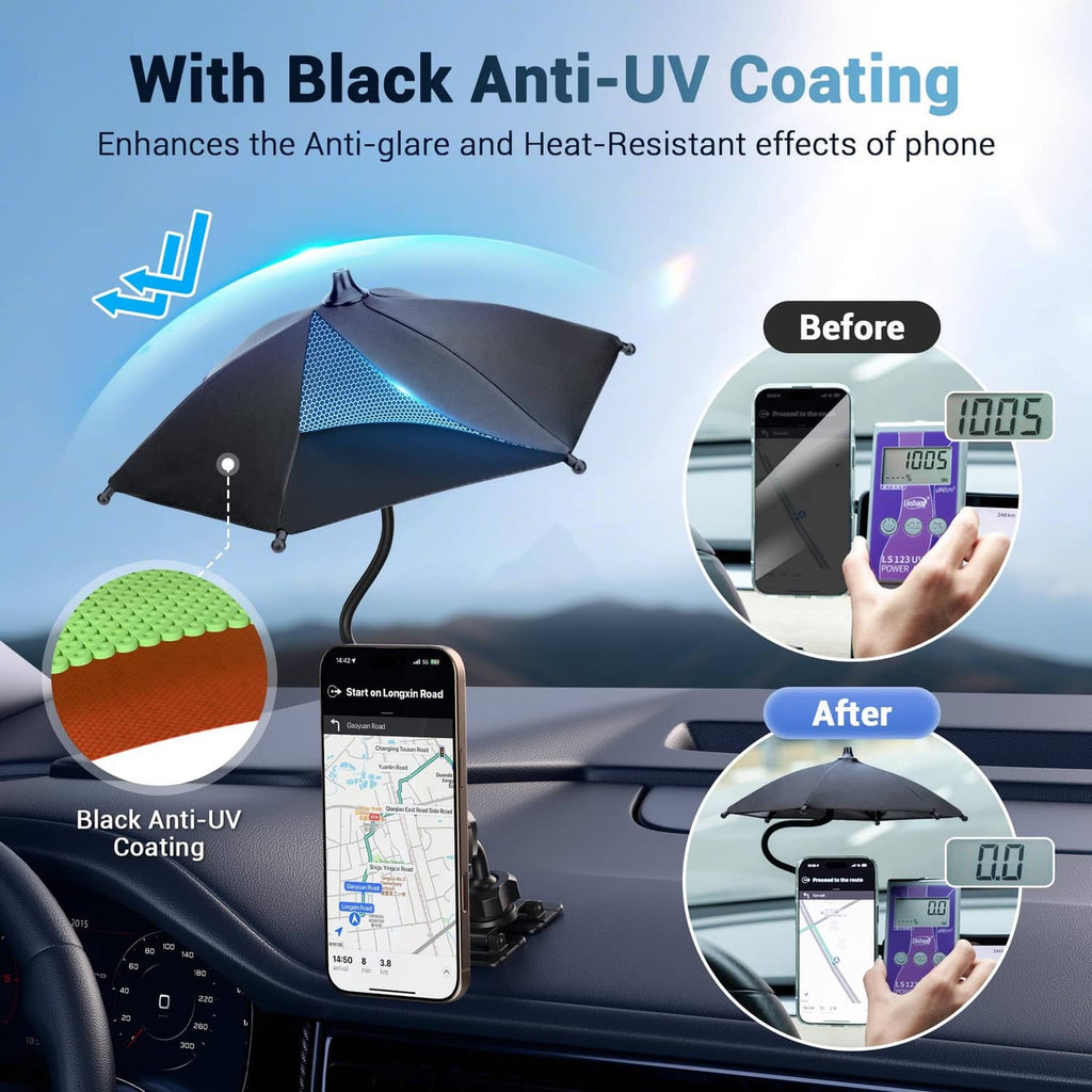 Pink magnetic phone umbrella with anti-UV canopy protecting phone screen from glare.