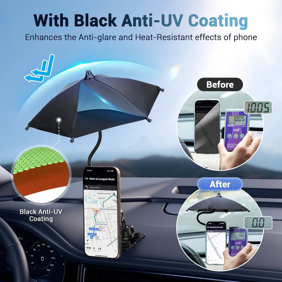 Pink magnetic phone umbrella with anti-UV canopy protecting phone screen from glare.