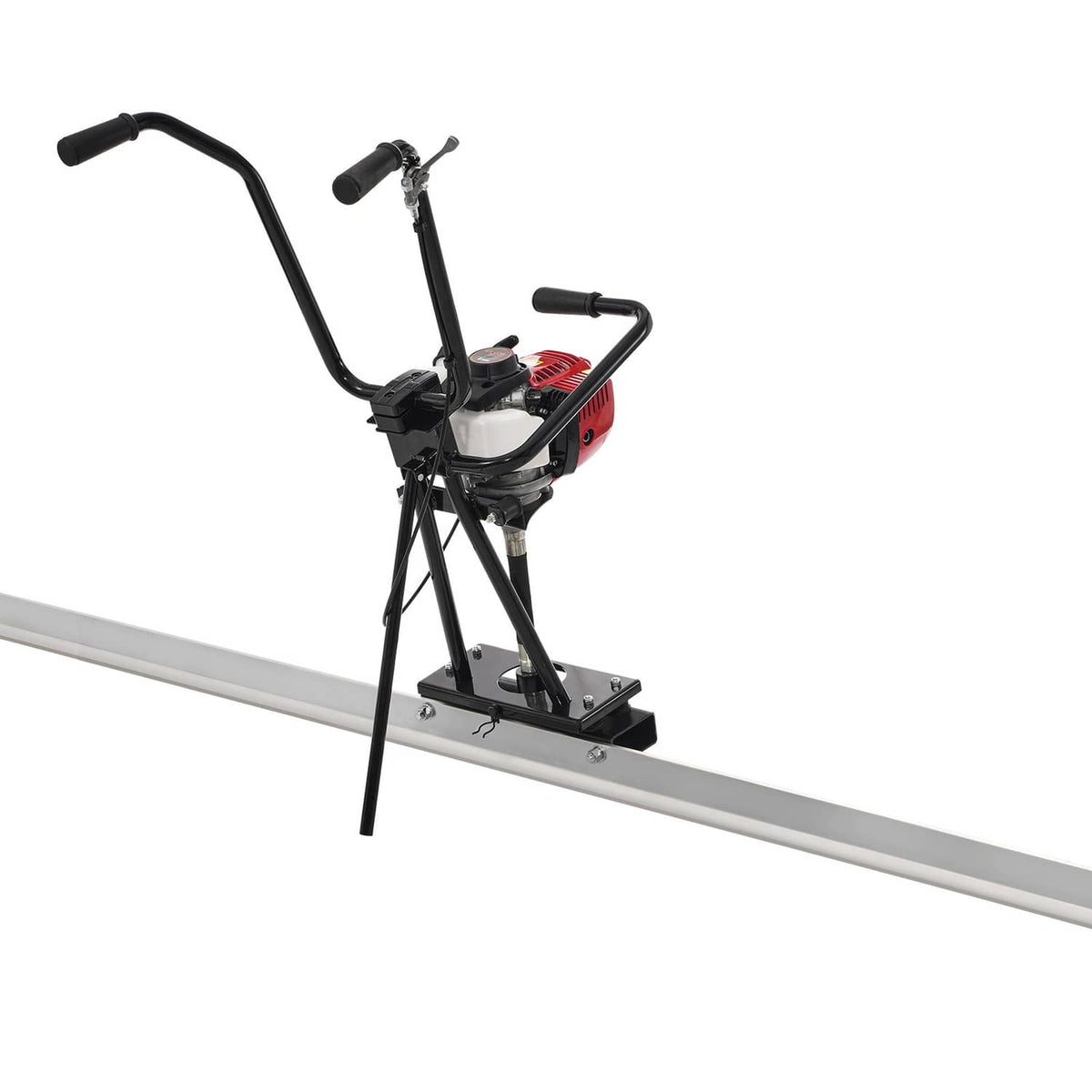 Gas concrete finishing screed power float with black handles and red engine on track