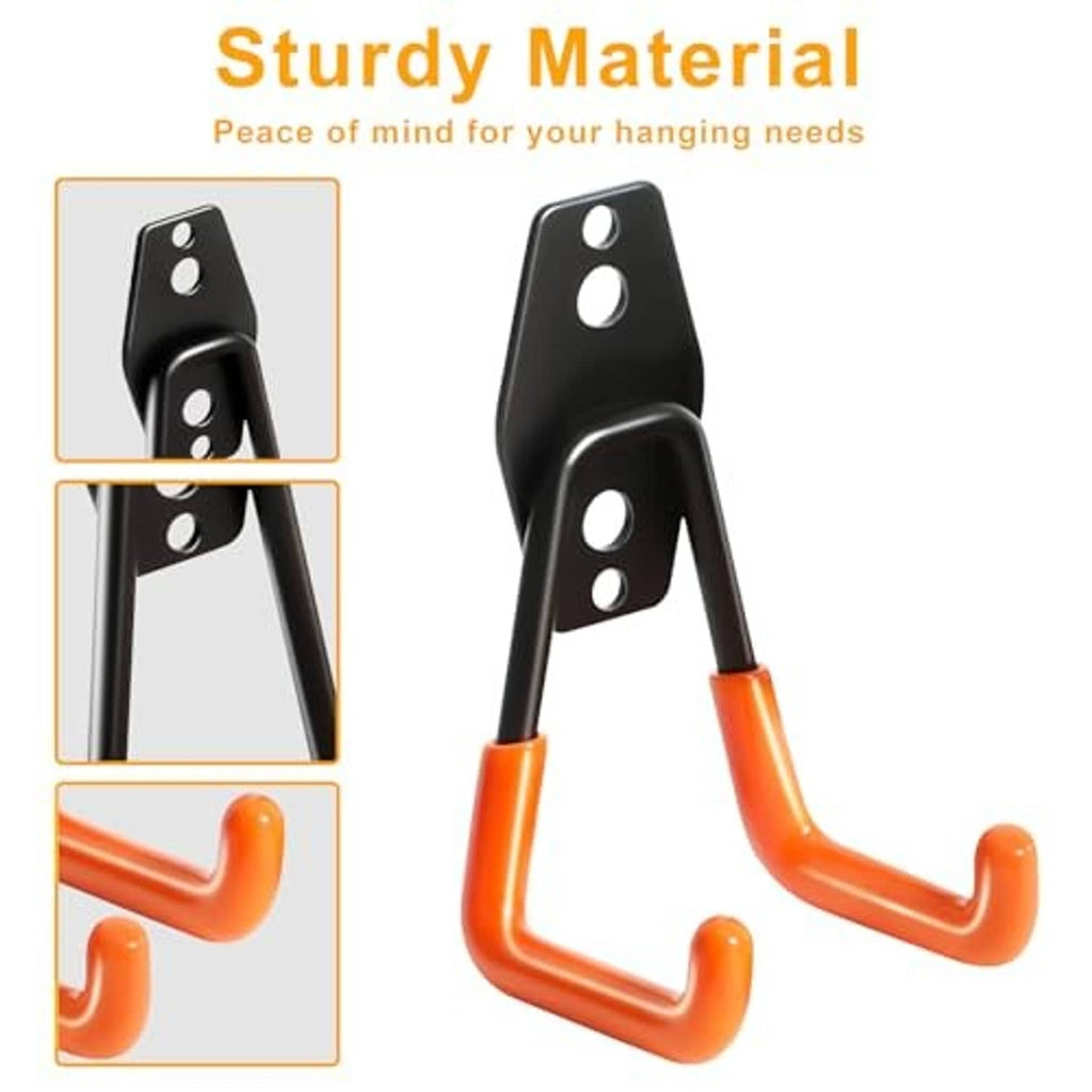 Black metal wall hooks with orange rubber U arms and oval mounting hole brackets