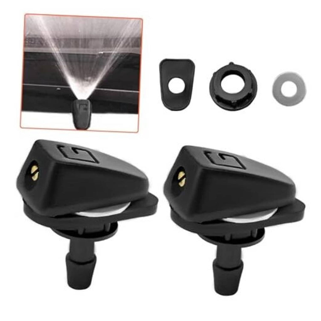 Car windshield washer nozzle kit, two black sprayer heads with mounting bases and caps