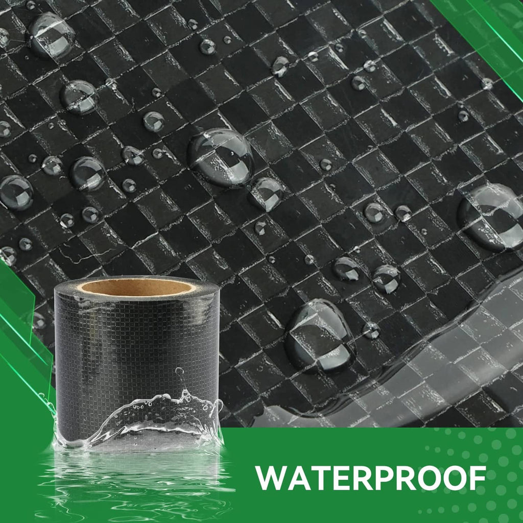Black RV underbelly repair tape roll with water droplets on textured surface