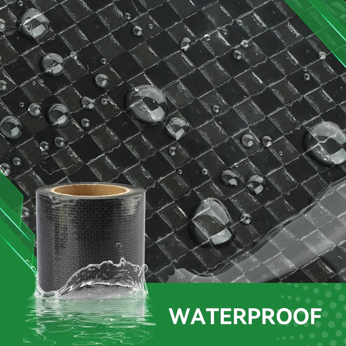 Black RV underbelly repair tape roll with water droplets on textured surface