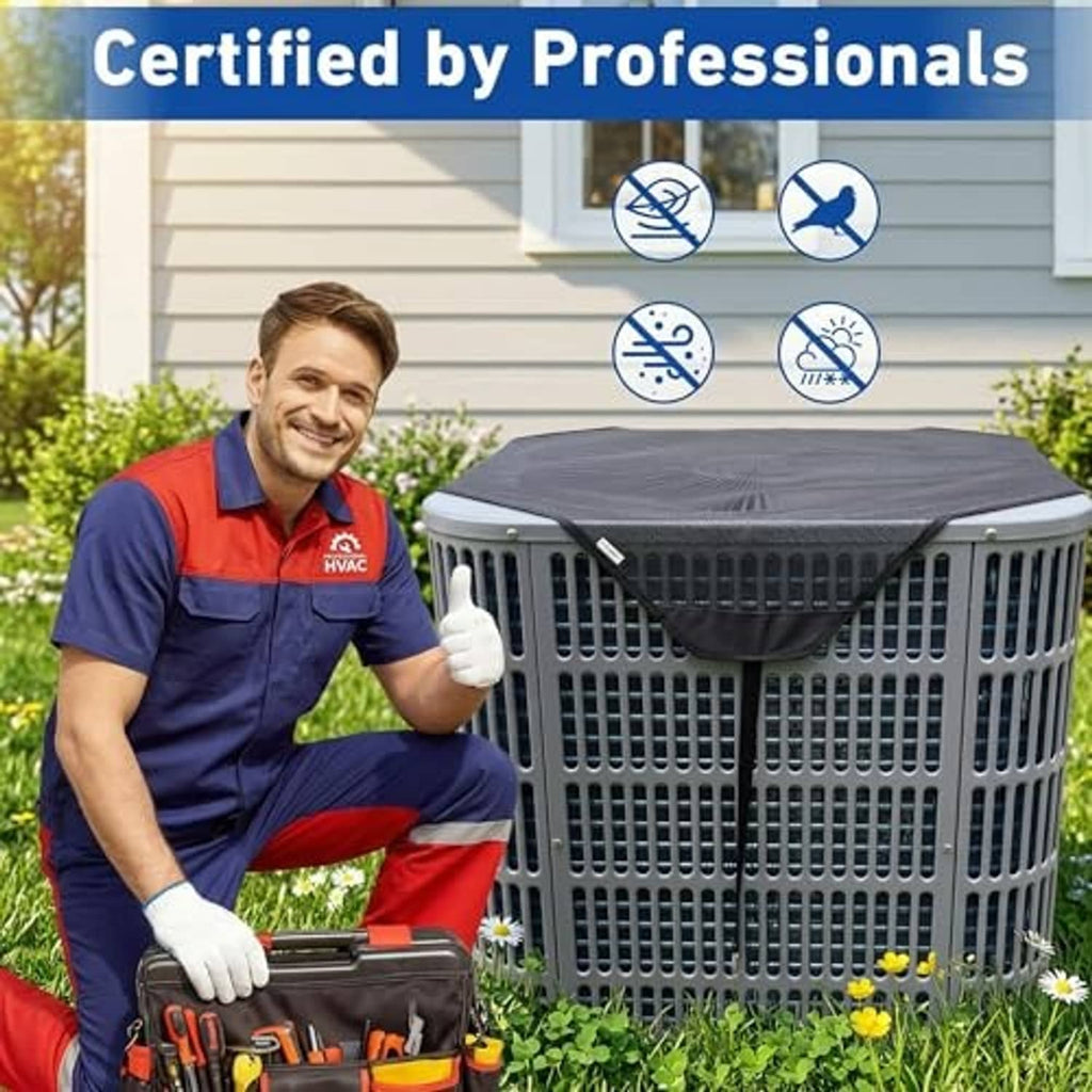 Outdoor AC condenser cover on HVAC unit with technician onsite for outdoor installation
