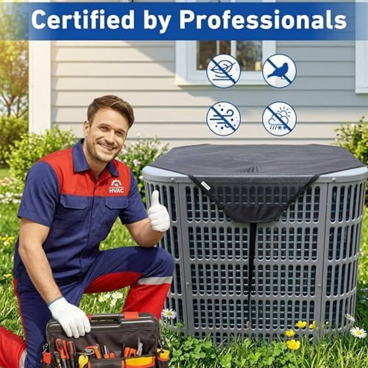Outdoor AC condenser cover on HVAC unit with technician onsite for outdoor installation
