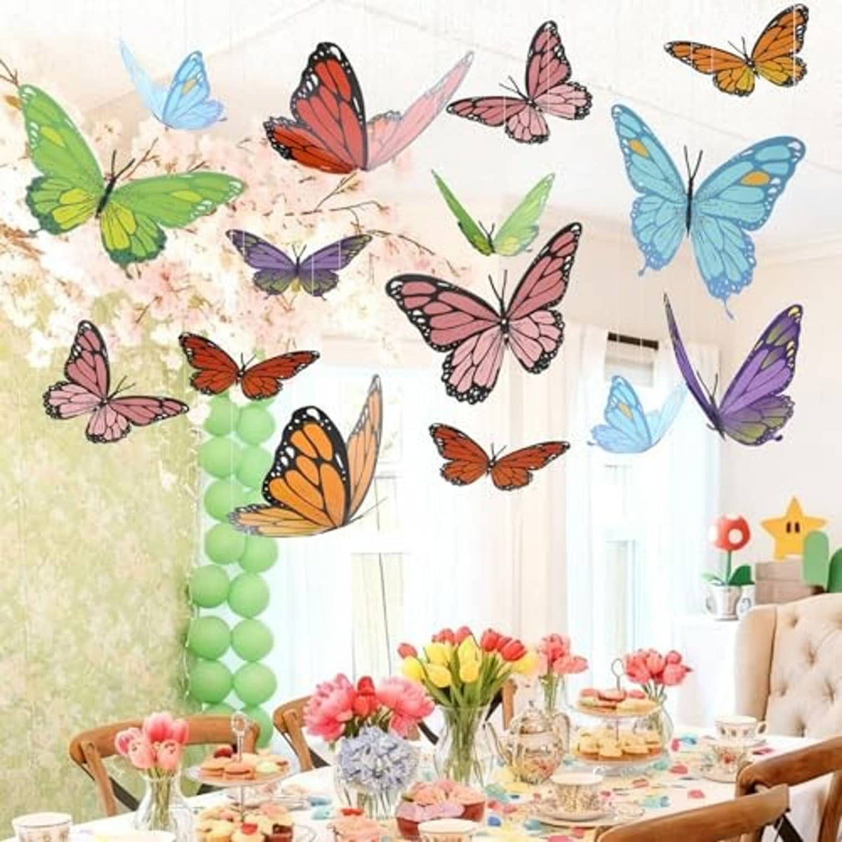 Colorful 3D paper butterflies spread across window over decorated dining table