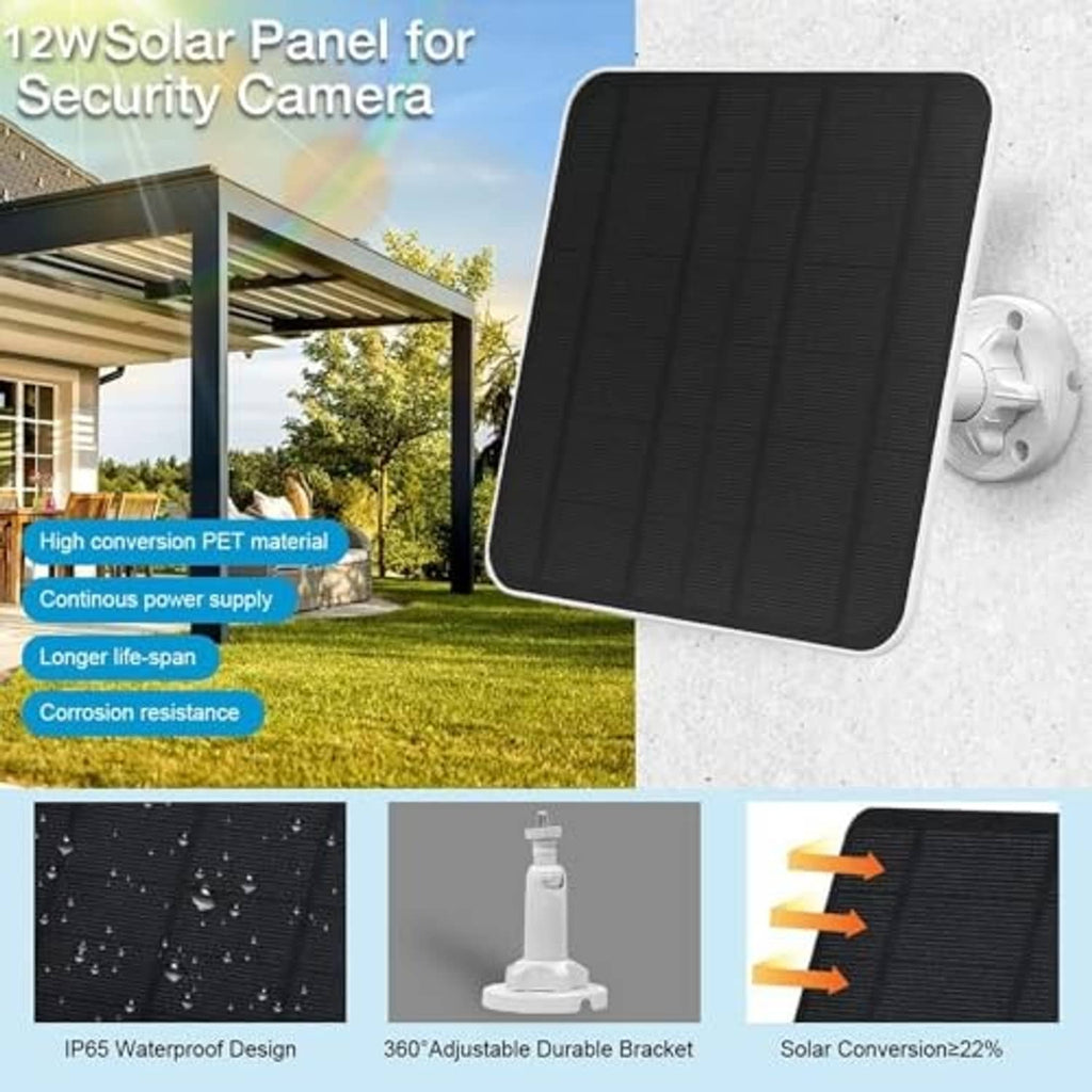 Black solar panel with wall-mount bracket and cable for outdoor security cameras