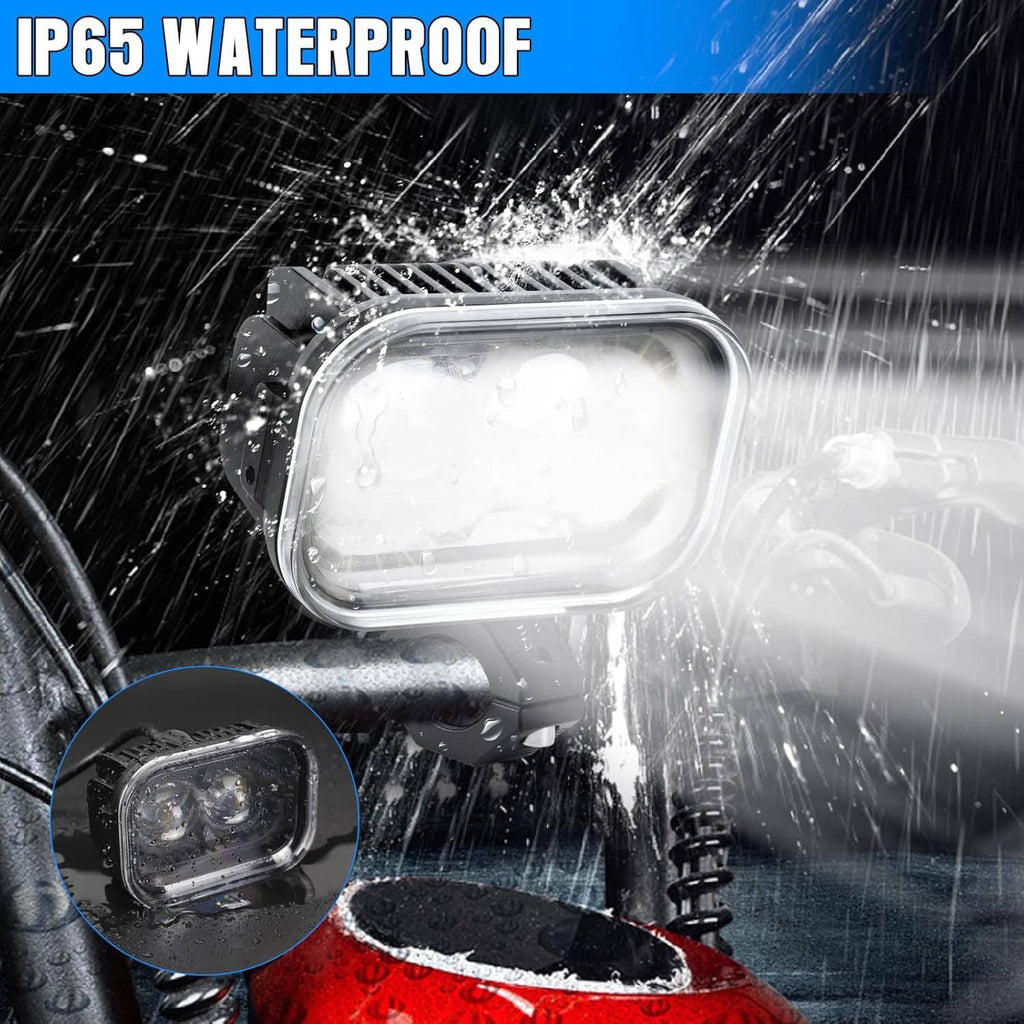 Water-splash protective view of a dual-lens LED driving light with clear lens cover