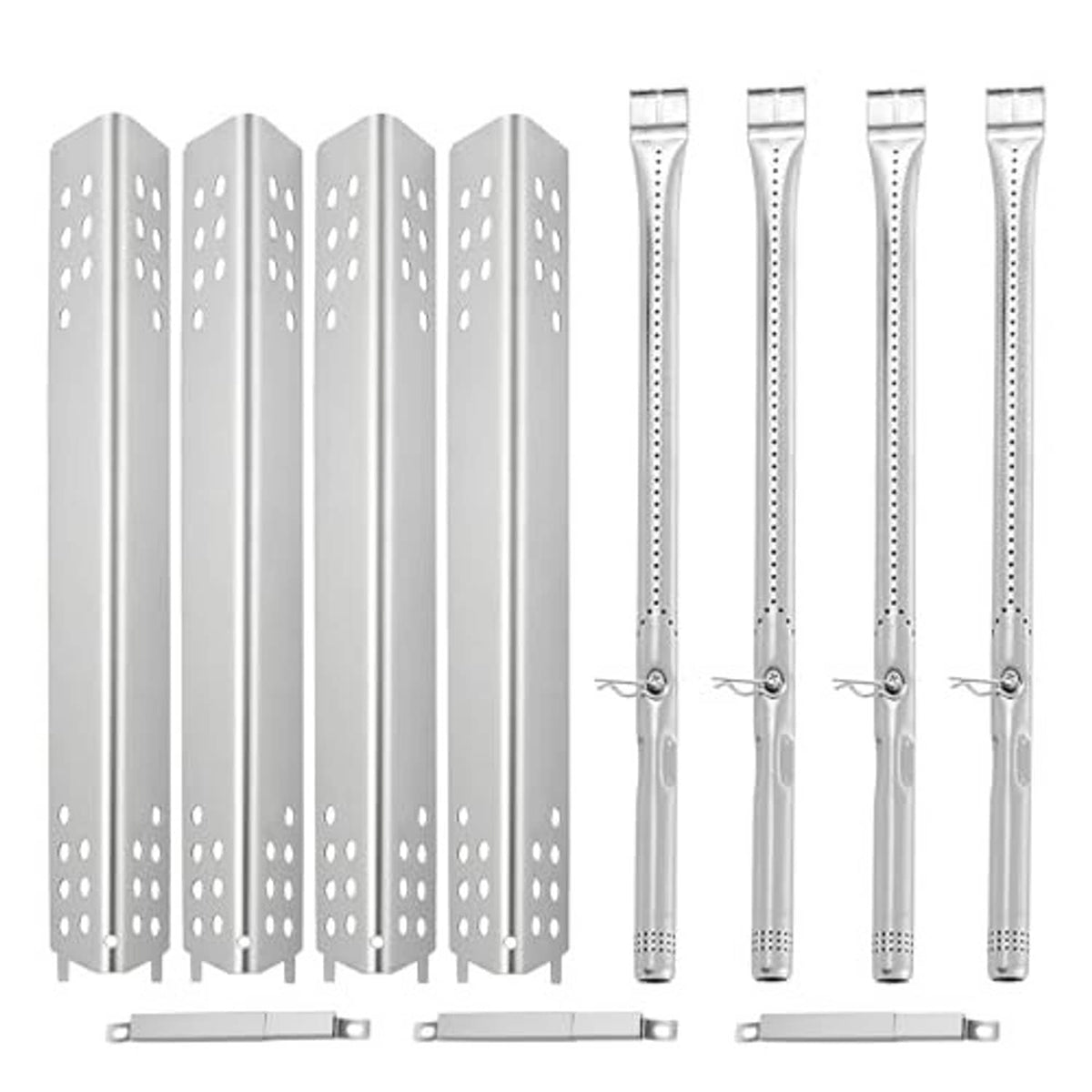 Stainless steel grill heat shield panels with burner tube replacements, multi-piece set