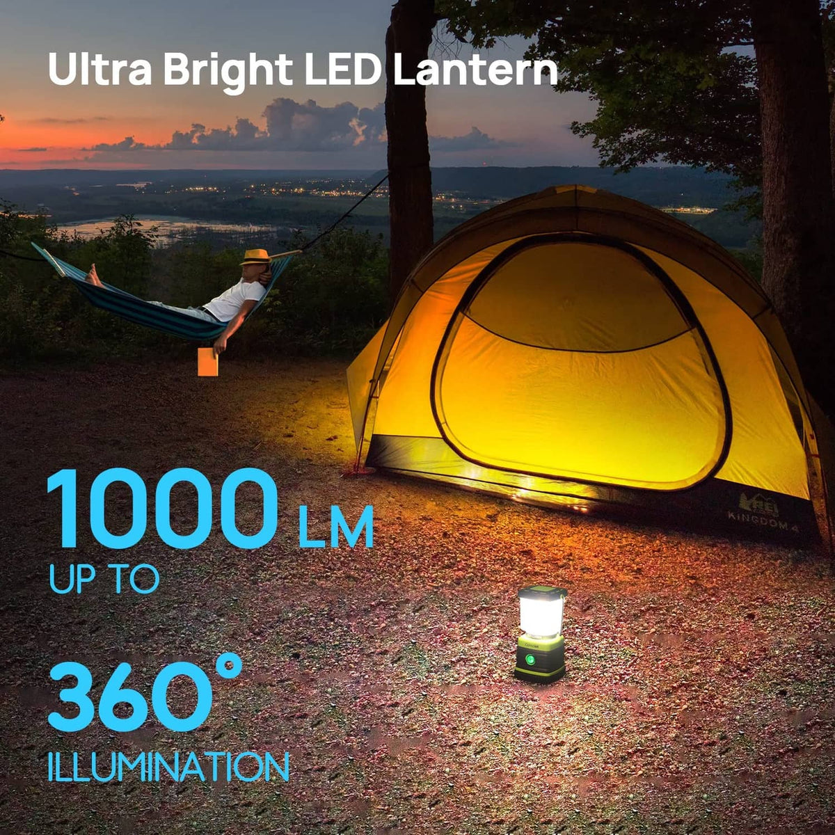 Light green rechargeable LED lantern with bright white glow for camping, compact base