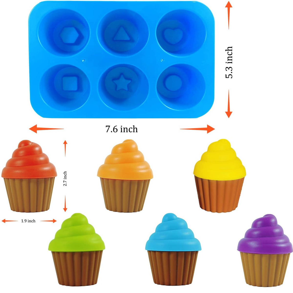 Blue silicone tray with six cupcake-shaped inserts in rainbow colors