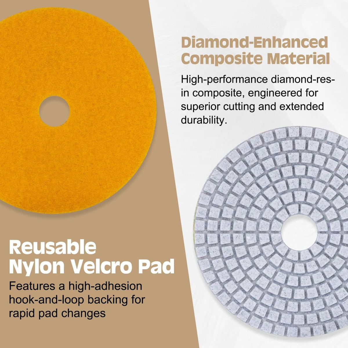 Reusable nylon Velcro polishing pads with round yellow and gray diamond-texture discs
