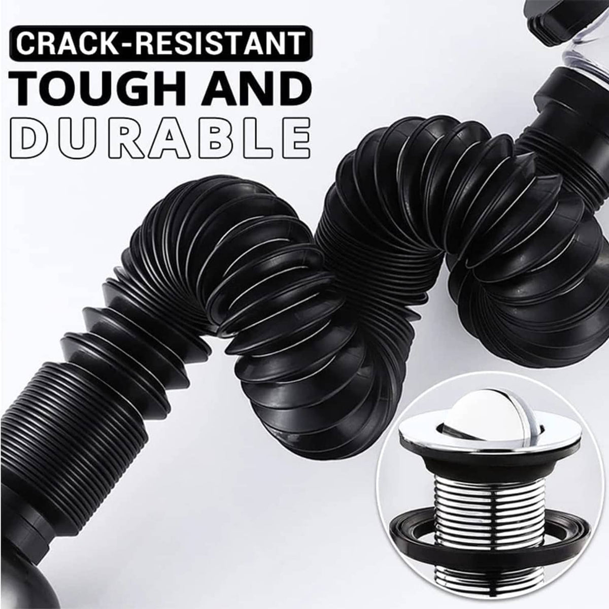 Black corrugated drain hoses with connector rings and sink drain stopper top