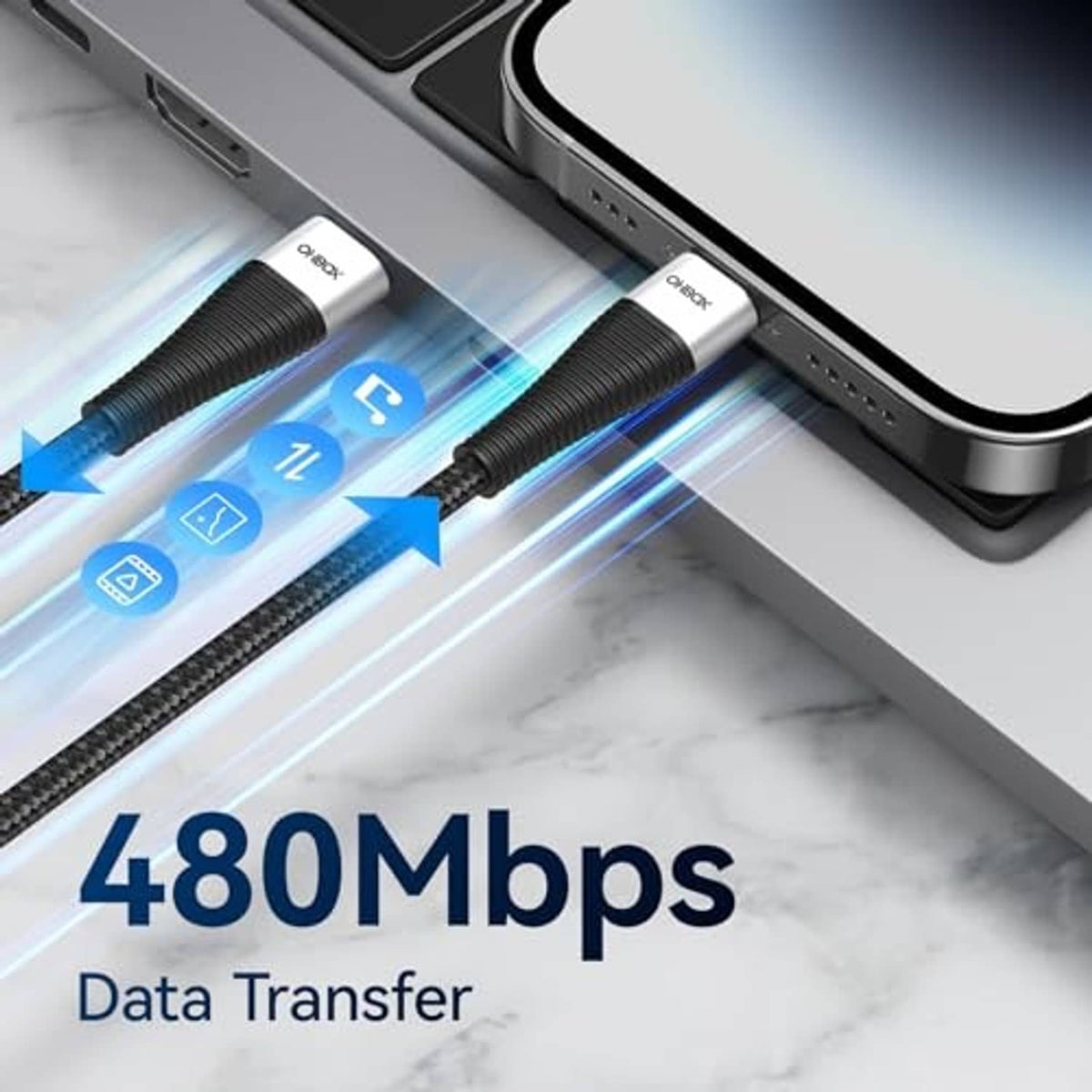 Braided black USB-C to USB-C cable with silver connectors for fast data transfer.