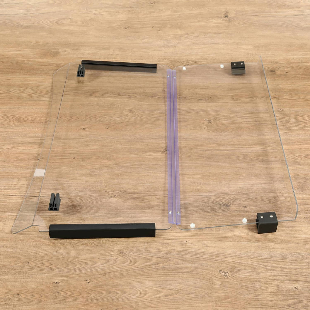 Clear folding golf cart windshield panel set with purple frame strut and black brackets