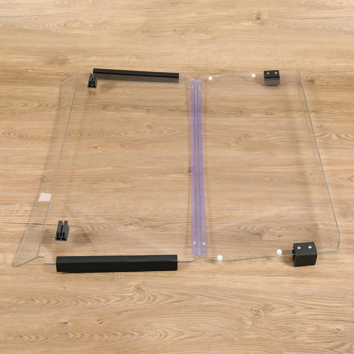 Clear folding golf cart windshield panel set with purple frame strut and black brackets