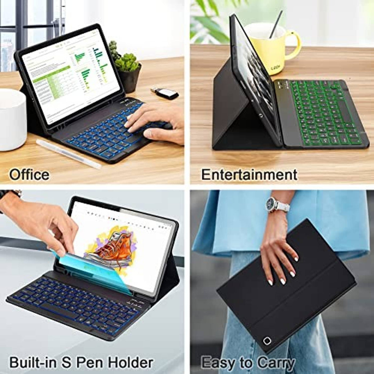 Backlit keyboard case for tablet with built-in accessory features and carrying